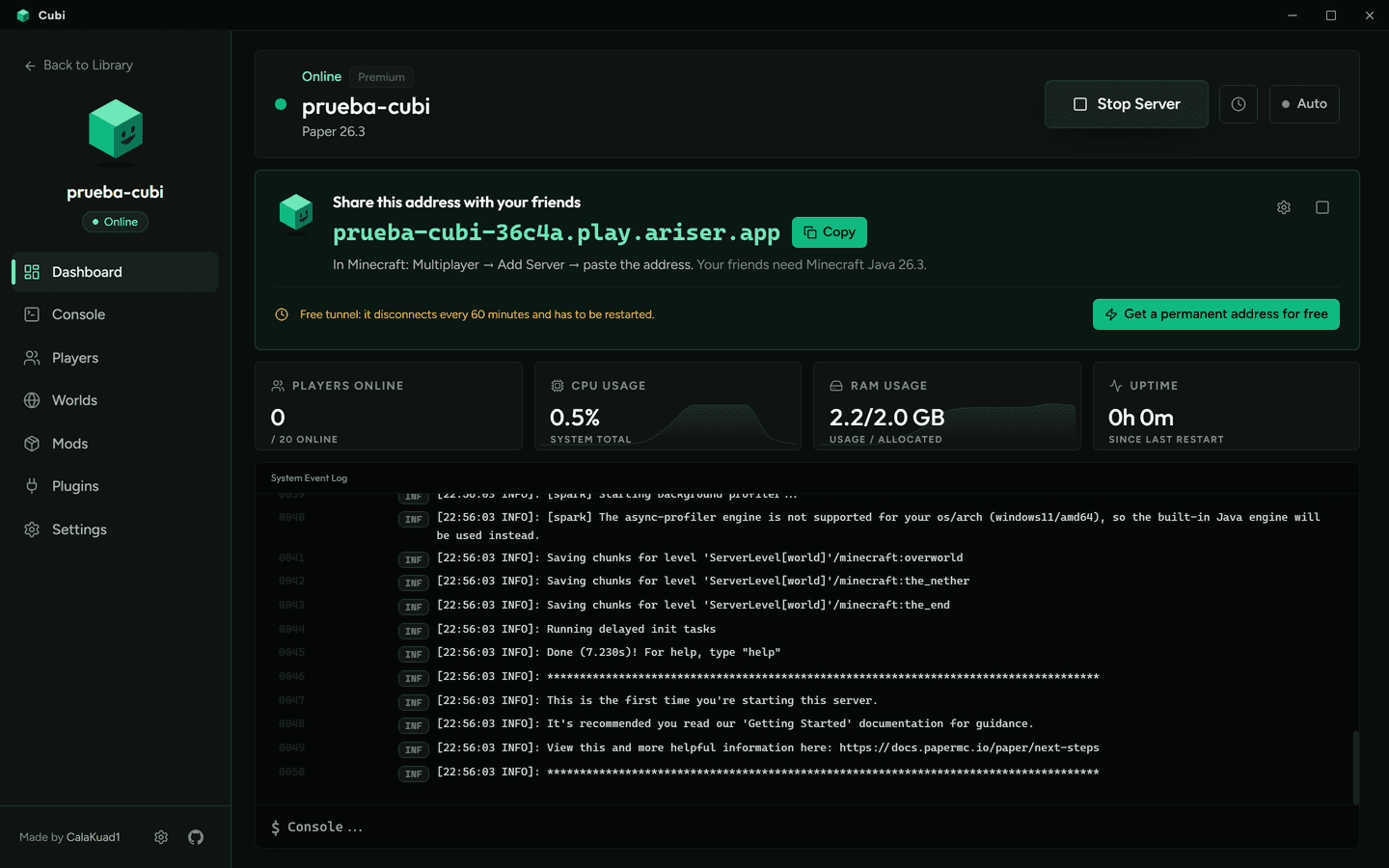Cubi dashboard showing the address to share with friends