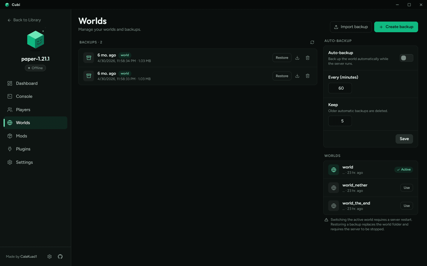 Worlds and backups